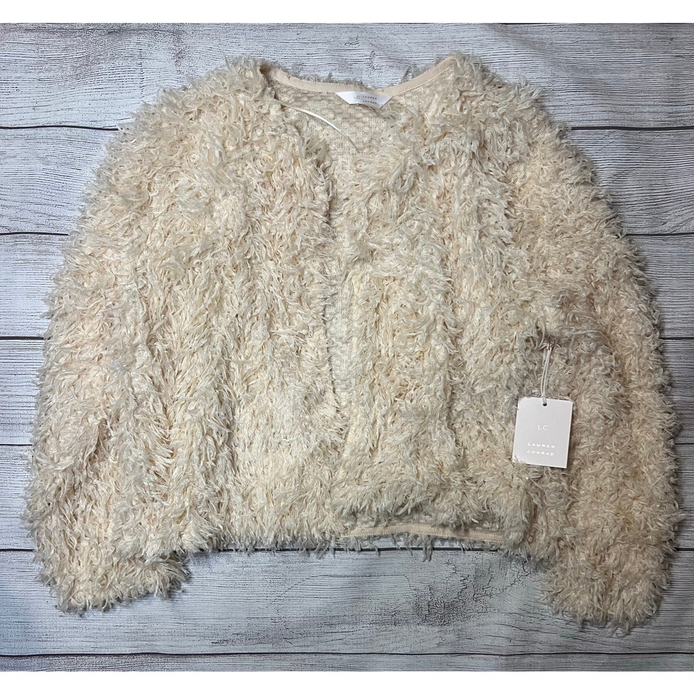 NWT Lauren Conrad Women's Beige Fuzzy Open Front Cardigan Large